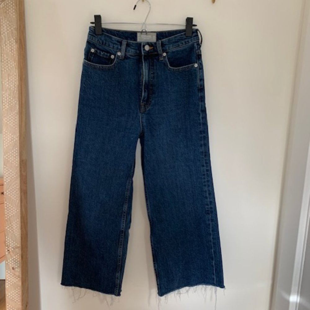 Everlane Way-High Wide Leg Flare Jeans, Raw Hem, Size 25 Ankle